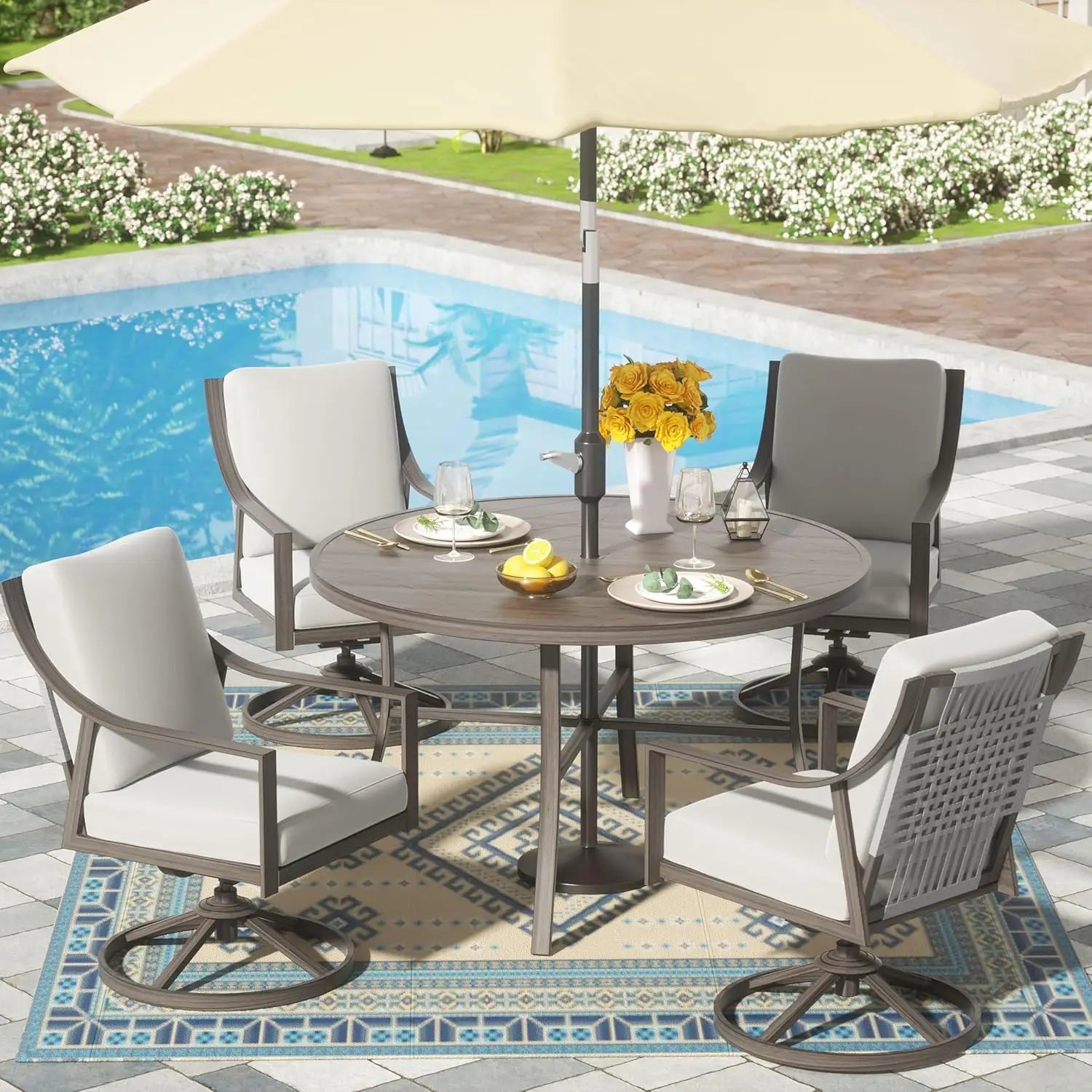 7 Piece Patio Dining Table Set with 4 Fixed and 2 Swivel Chairs and Olefin Cushions for Outdoor Furniture - Happy Home Retreat