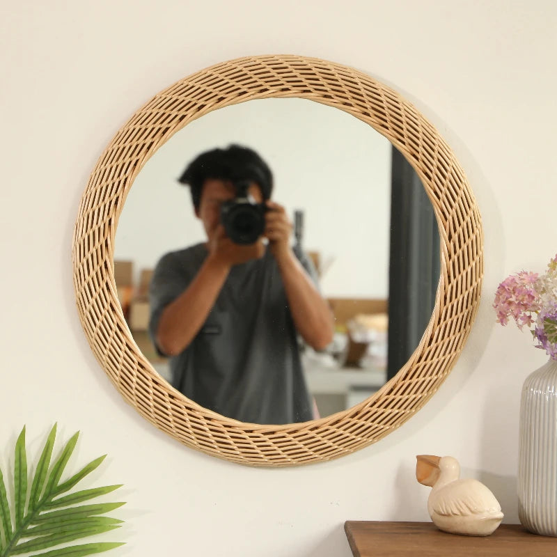 Nordic Rattan Wall Mirror Handwoven Boho Vanity Decor Rustic Living Room - Happy Home Retreat