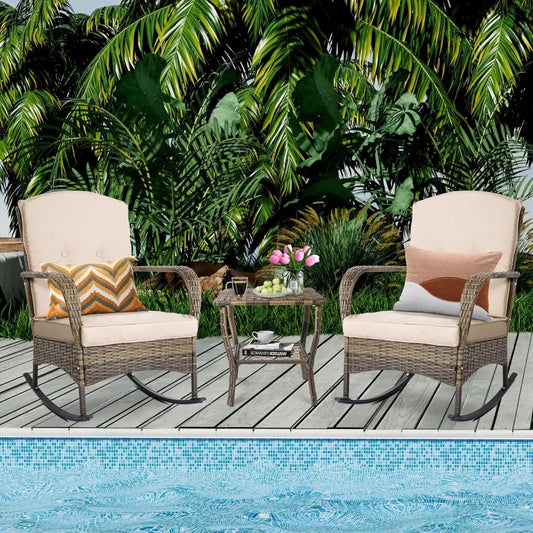 3 Piece Patio Furniture Set Outdoor Rocking Chairs Set of 2 Patio Conversation Set with Rattan Coffee Table - Happy Home Retreat