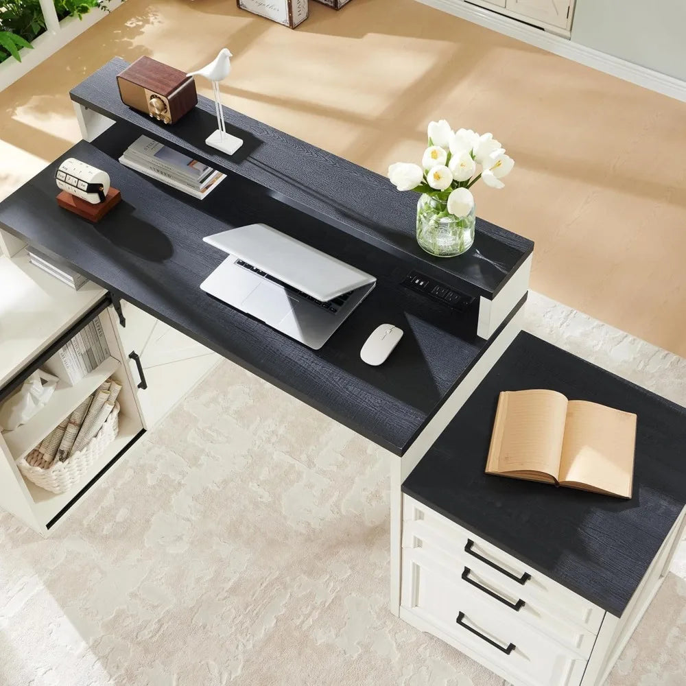 Home Office Desk Modern Farmhouse Computer Desk with File Cabinet 67 Inch Off White - Happy Home Retreat