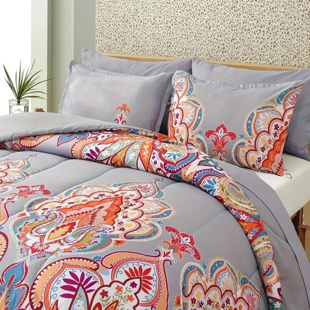 3 Piece King Boho Comforter Set Gray Rainbow Lightweight Microfiber Reversible - Happy Home Retreat