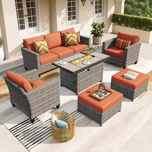 6 Pieces Patio Furniture Set with 42 Inch Fire Pit Table Outdoor Wicker Rattan Sofa Sets with Comfy Cushions Orange Red - Happy Home Retreat