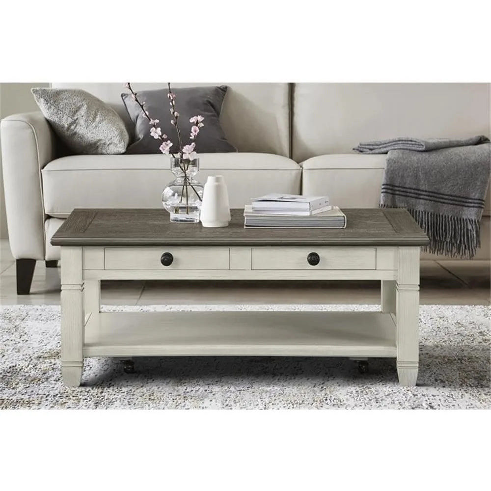 Granby Wood 2 Drawer Coffee Table in Antique White with Rosy Brown Finish - Happy Home Retreat