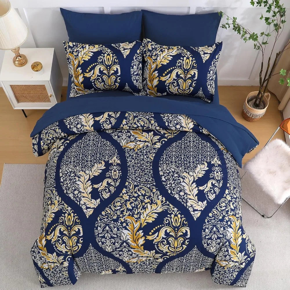 California King Comforter Set 7 Pieces Navy Blue Gold Bohemian Damask Microfiber - Happy Home Retreat