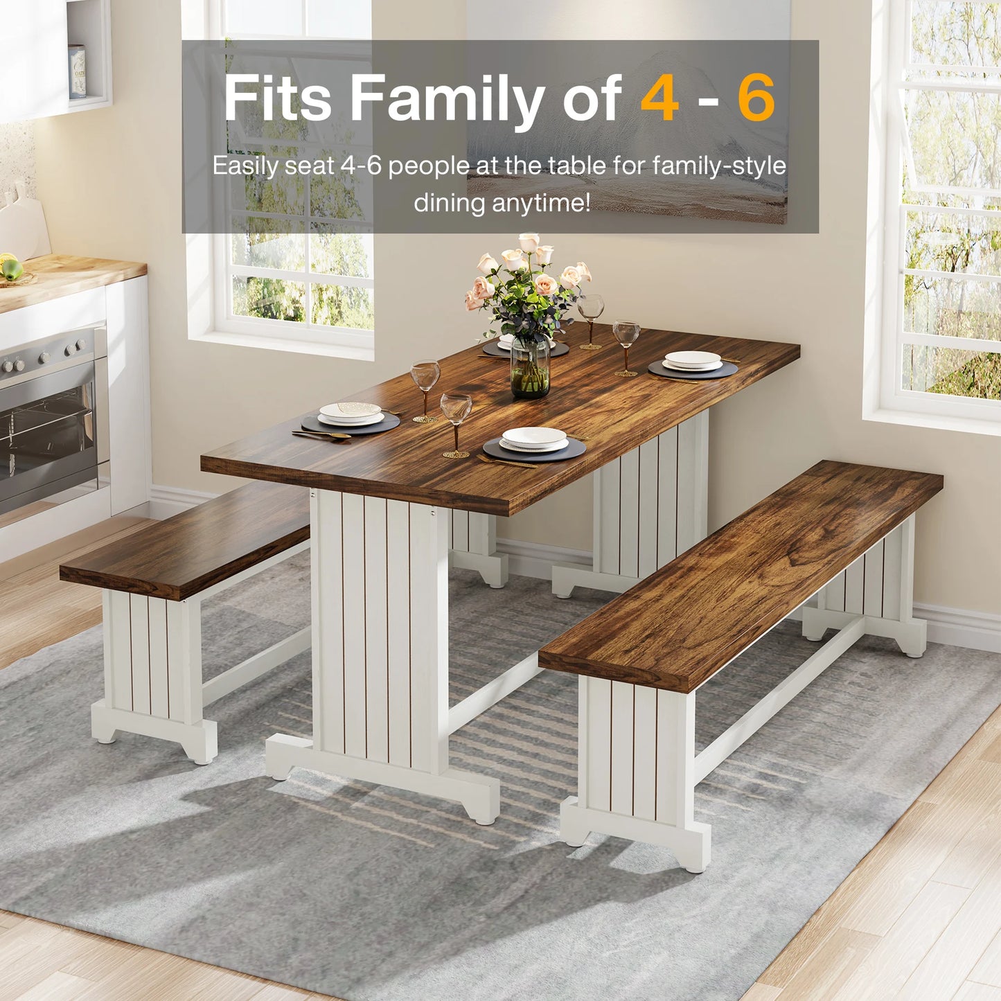 Tribesigns 47 Inch Dining Table Set for Two with Two Benches Farmhouse Wood - Happy Home Retreat