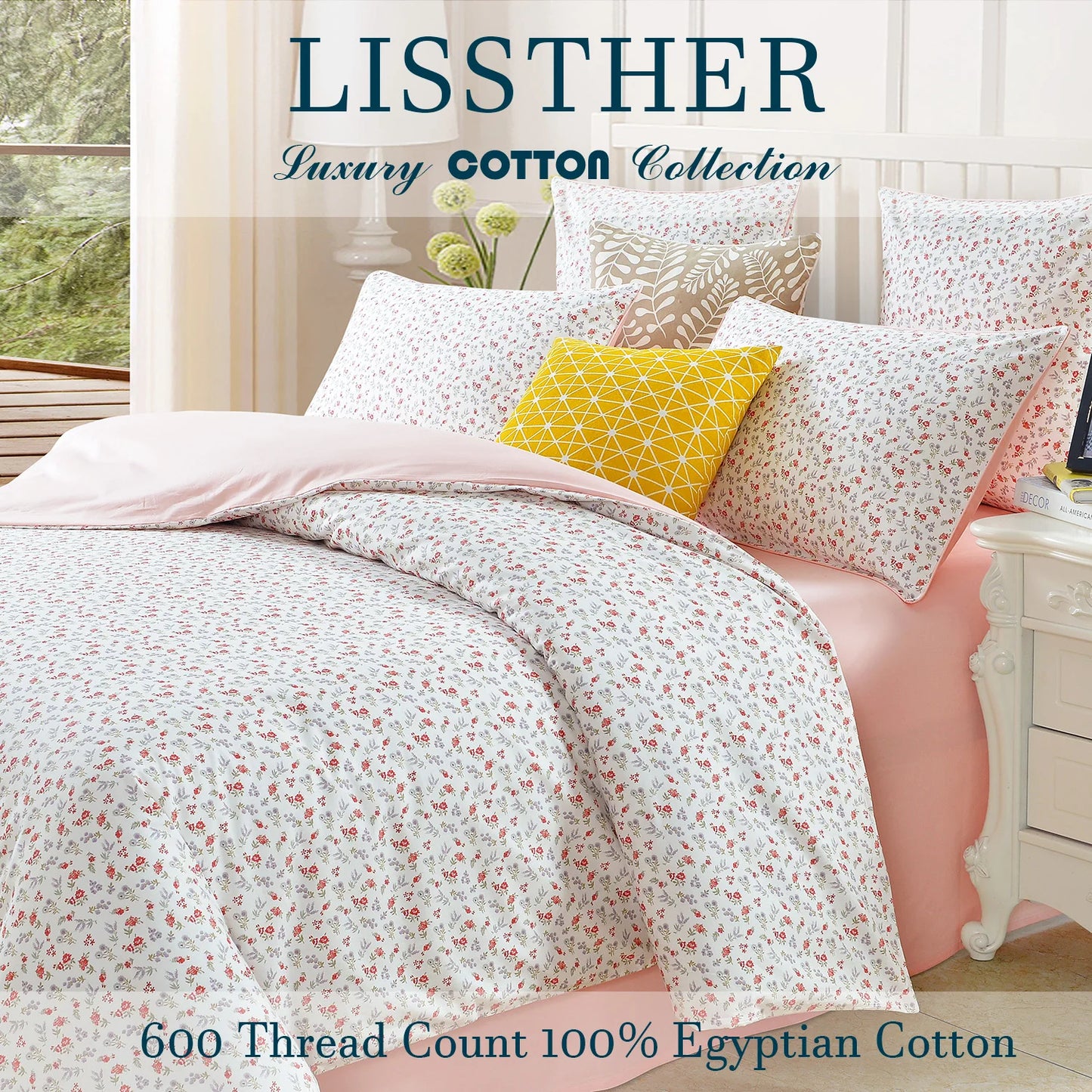 3pcs 600 TC 100% Egyptian Cotton Duvet Cover Set (Without Core), Tiny Garden Rose and Dandelion Floral, Soft And Skin-friendly - Happy Home Retreat