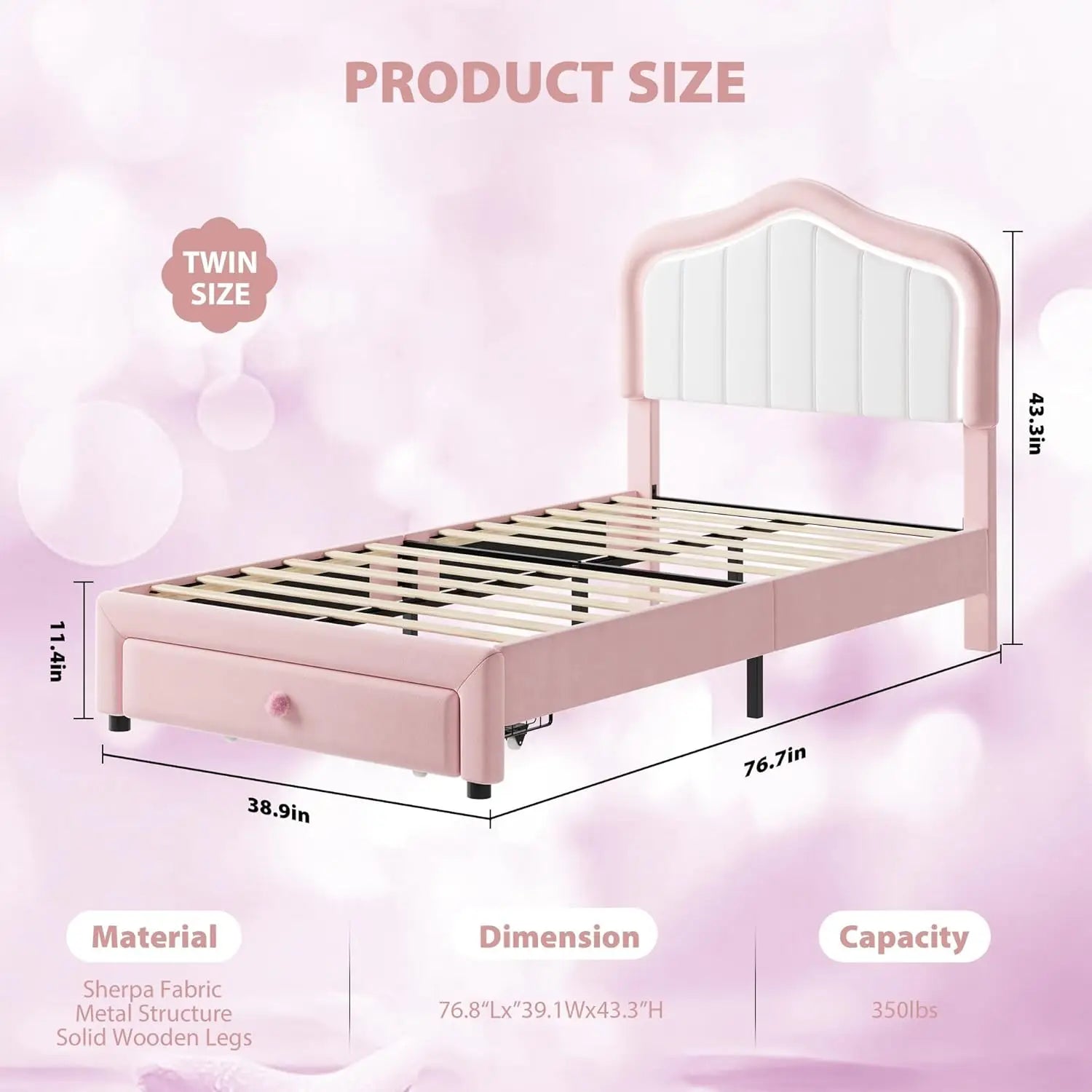 Kids Upholstered Platform Bed Frame With LED Crown Headboard Velvet Fabric - Happy Home Retreat