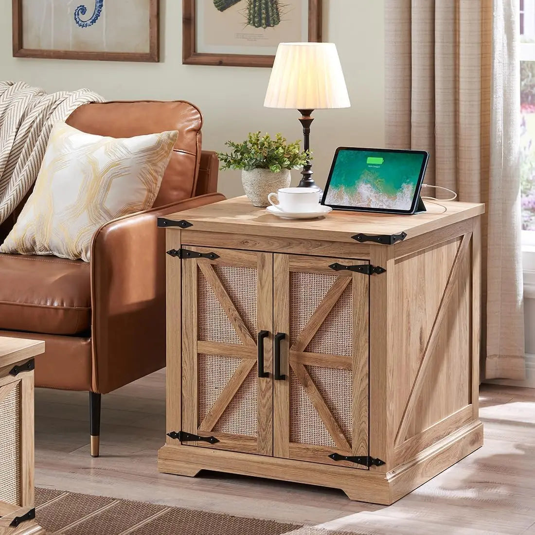 Farmhouse End Table With Charging Station Barn Door 24in - Happy Home Retreat