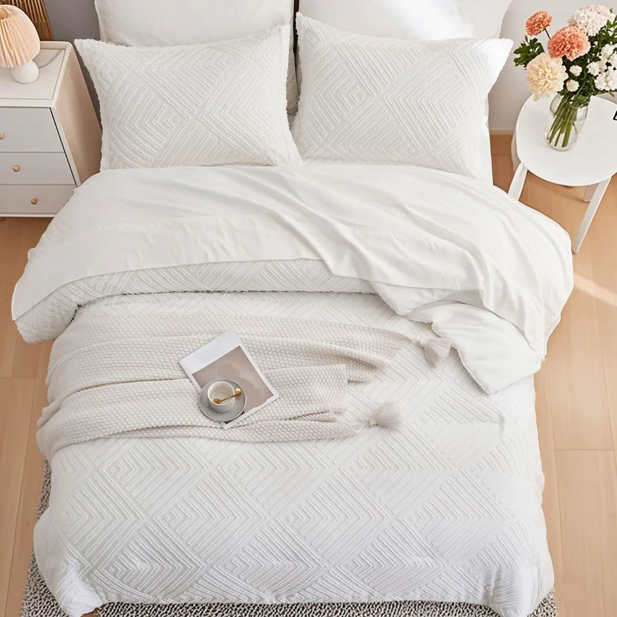 7 Piece Solid Color Cut Flower Design Comforter Set 100 Percent Microfiber Soft and Breathable Bedding Set Ideal Gift - Happy Home Retreat