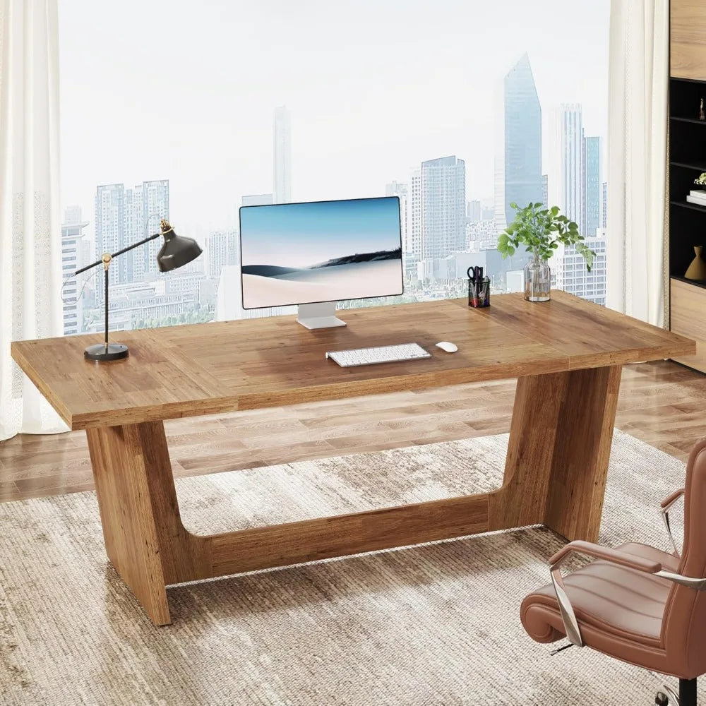 Walnut Wood Engineered Desk Executive Home Office With Industrial Style Pedestal - Happy Home Retreat
