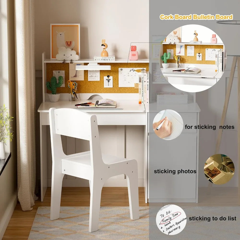 Children's Study Desk and Chair Set with Three Color Lights Wooden Storage Table for Kids - Happy Home Retreat