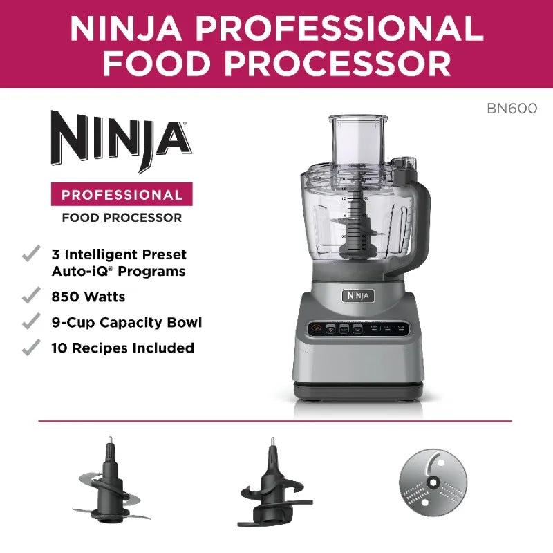 Ninja Professional Food Processor, 850 Watts, 9-Cup Capacity, Auto-iQ Preset Programs, Silver - Happy Home Retreat