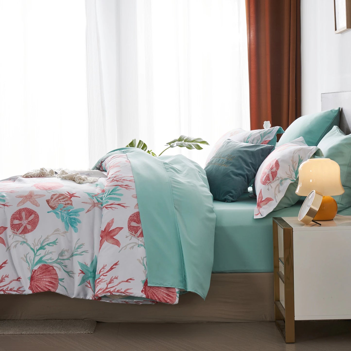 7 Piece Bed In A Bag Bed Comforter Set Queen, Fashion Starfish Coral Print, Boho Print Comforter And Sheet, Pillowcase Set, - Happy Home Retreat