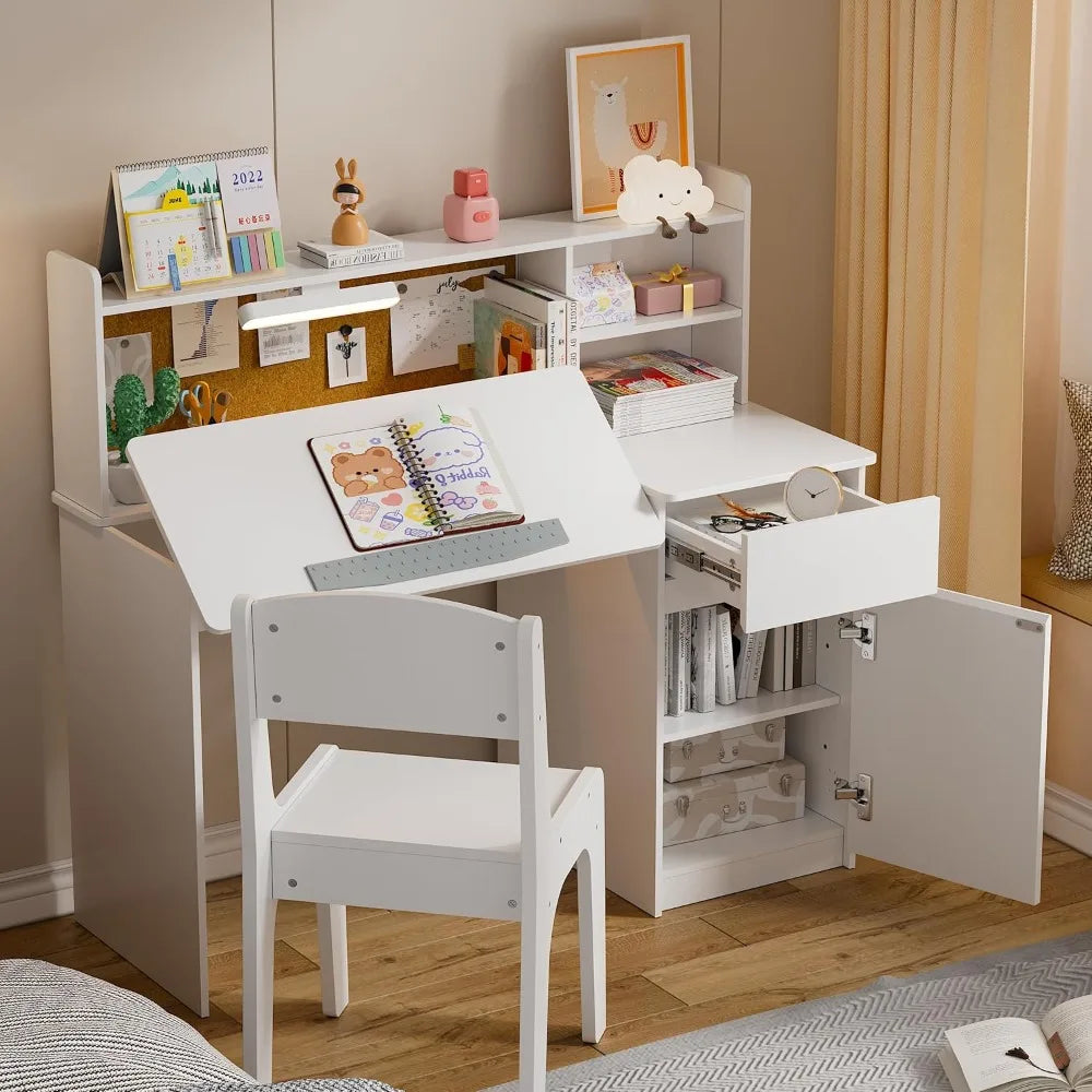 Children's Study Desk and Chair Set with Three Color Lights Wooden Storage Table for Kids - Happy Home Retreat