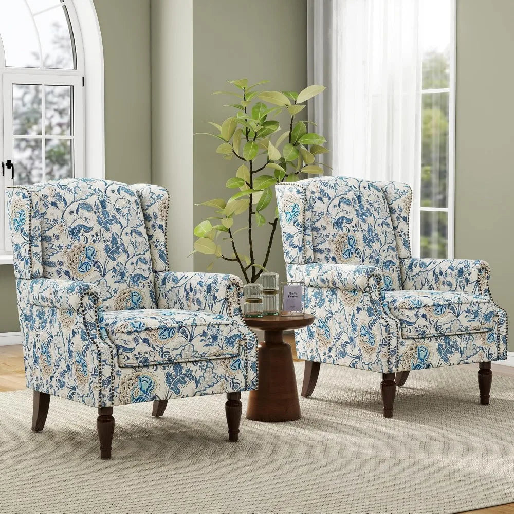 Floral Boho Wingback Blue Accent Chair With Nailhead Trim - Happy Home Retreat