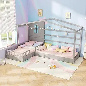 L Shaped Twin Bed For Kids Wooden House Platform Bed With Window Roof Montessori - Happy Home Retreat