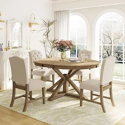 Extendable Dining Table Set for 4 with Upholstered Chairs Solid Wood Farmhouse Kitchen Furniture - Happy Home Retreat