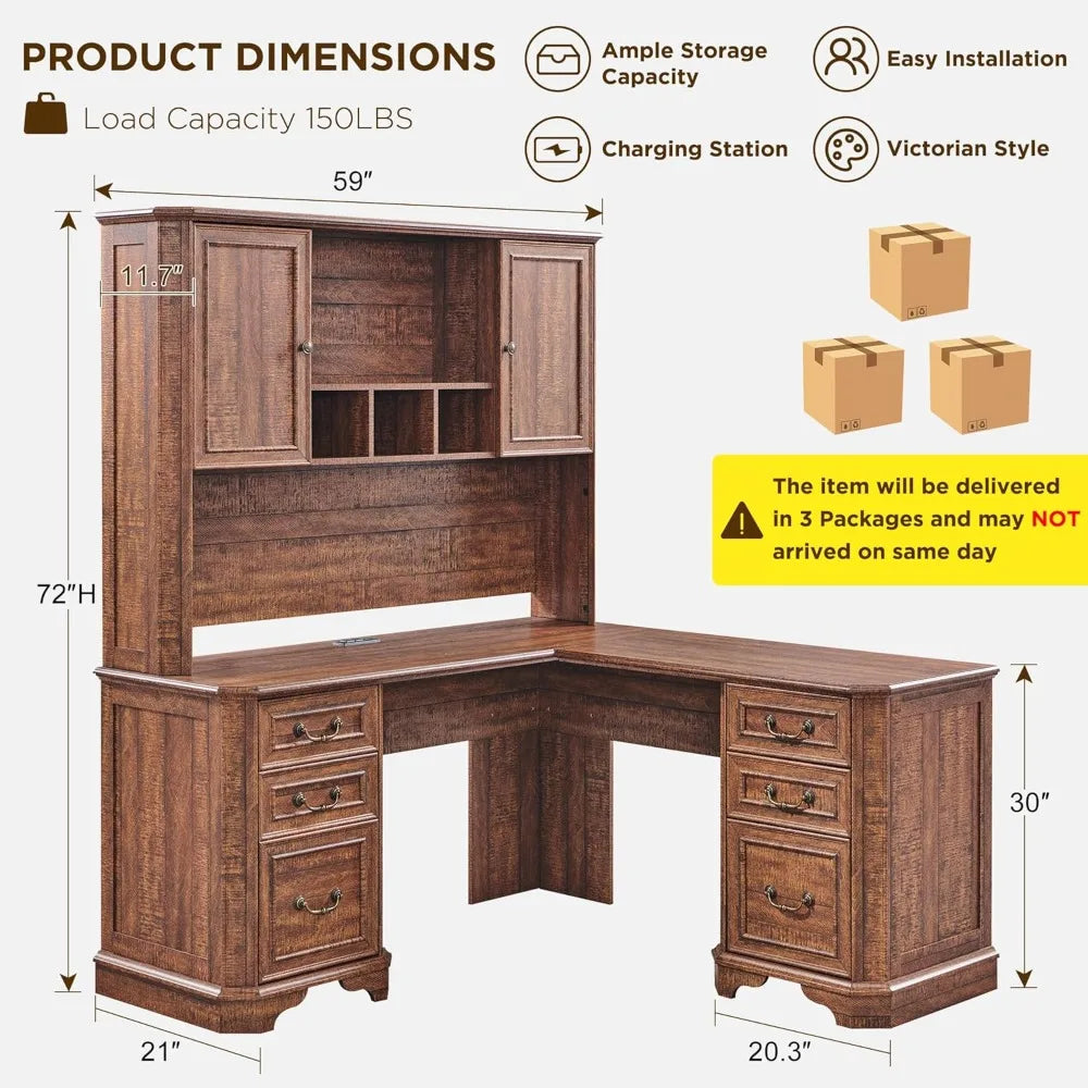 59 Inch L Shaped Executive Desk with Hutch Farmhouse Wood Computer Desk Featuring Charging Station File Drawer Storage Cabinet - Happy Home Retreat