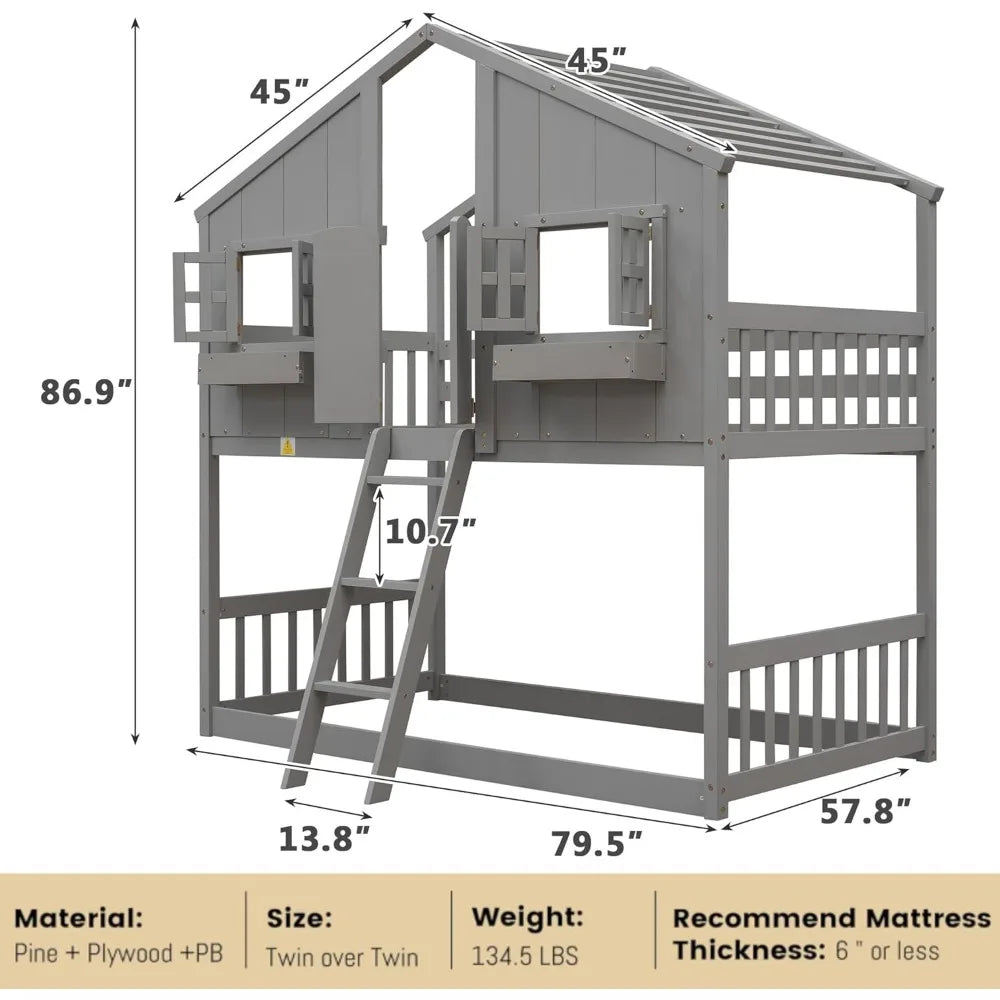 House Bunk Bed Twin Over Twin Wood Bunk Beds with Windows Window Box and Small Door Floor Bunk Beds with Ladder and Guard Rails - Happy Home Retreat