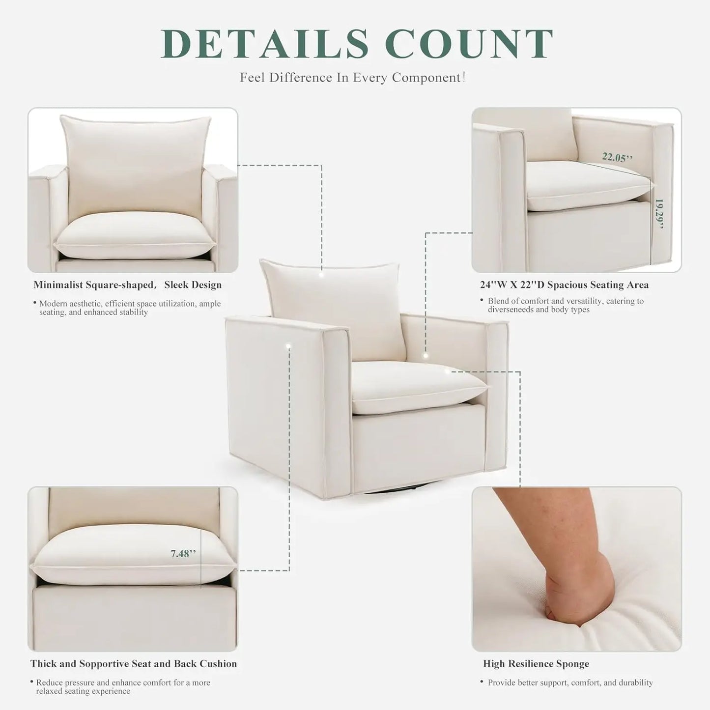 Swivel Accent Chair 34 Inch Wide Upholstered Arm Chair With Plump Back Pillow