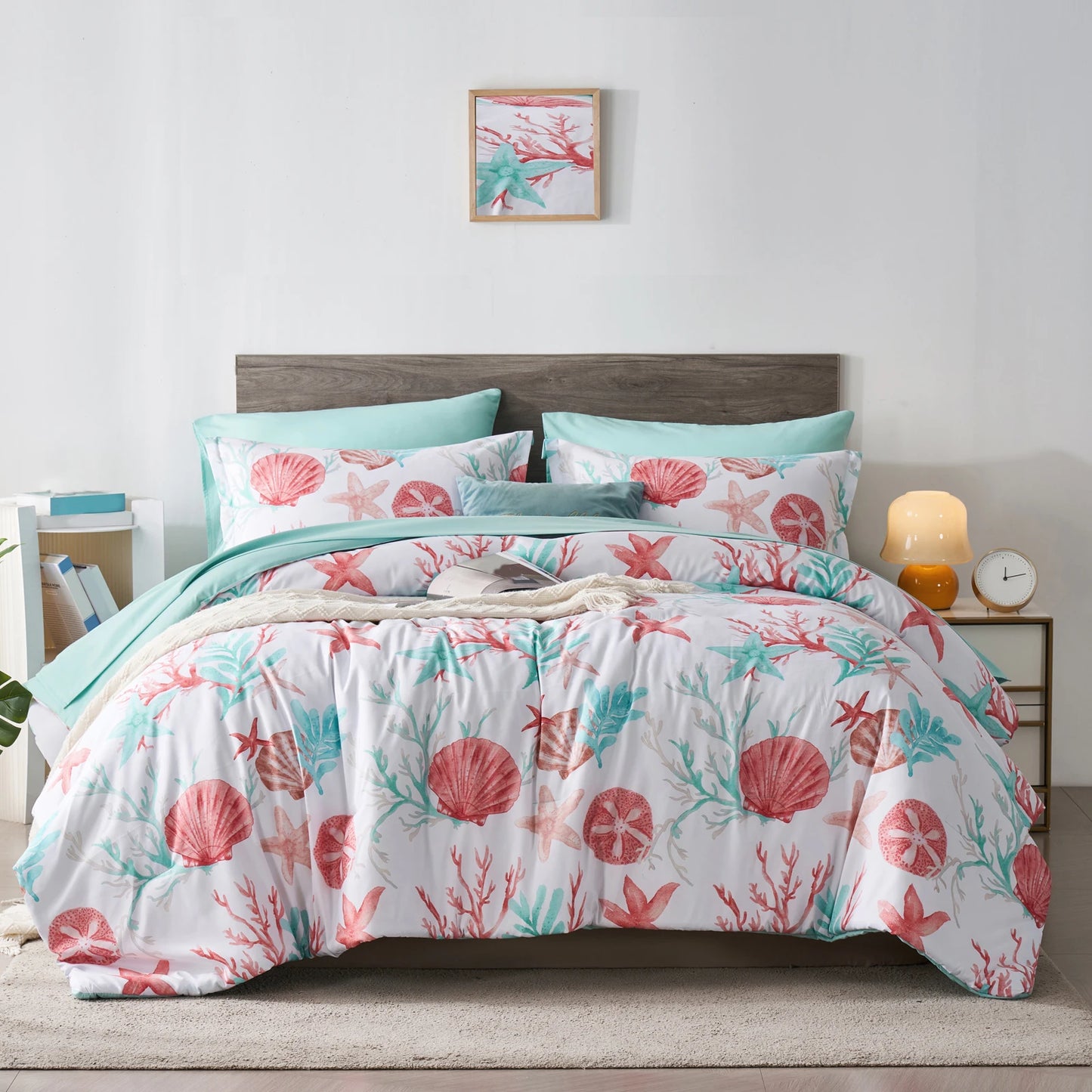 7 Piece Bed In A Bag Bed Comforter Set Queen, Fashion Starfish Coral Print, Boho Print Comforter And Sheet, Pillowcase Set, - Happy Home Retreat