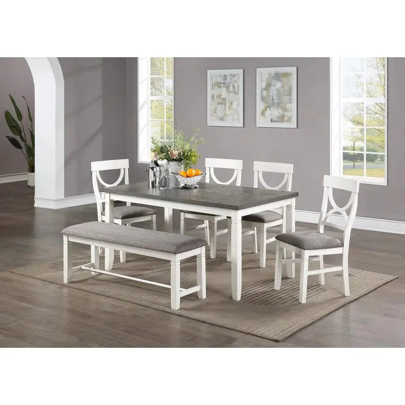 White 6 Piece Dining Set Table Four Side Chairs And Bench Rubberwood MDF - Happy Home Retreat