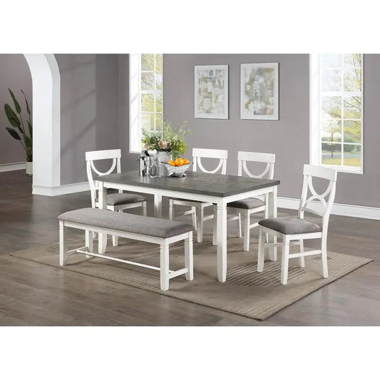 White 6 Piece Dining Set Table Four Side Chairs And Bench Rubberwood MDF - Happy Home Retreat