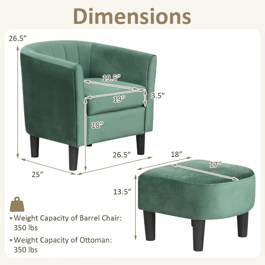 Modern Accent Chair With Ottoman In Teddy Velvet Barrel Design And Curved Back