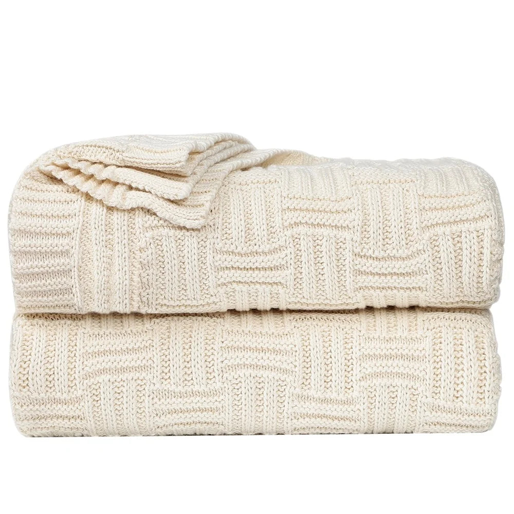 Cotton Knitted Decorative Throw Blanket Soft Warm Breathable Couch Sofa Bed Classic Cable Design Machine Washable Gift - Happy Home Retreat