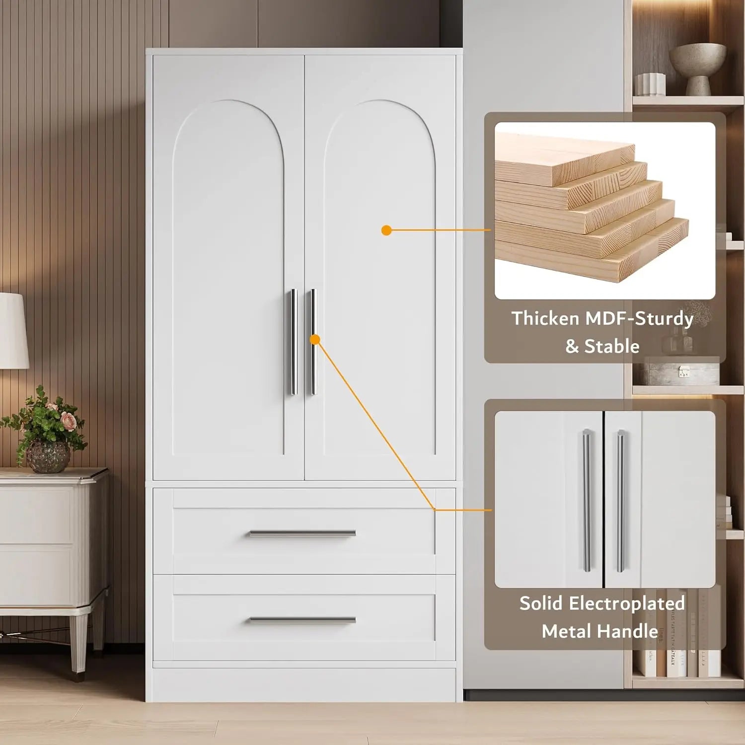 Armoire Wardrobe Closet with2Drawers Modern Wooden Bedroom Armoire with Doors Clothing Storage Cabinet with Aluminum Hanging Rod - Happy Home Retreat