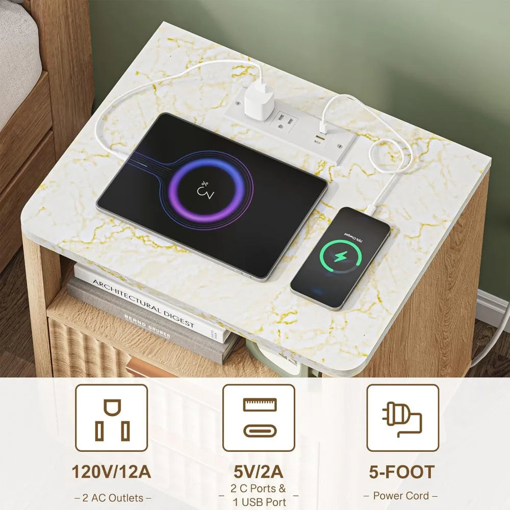 Fluted Nightstand with Charging Station, 2 Wood Drawers, Faux Marble Top - Happy Home Retreat