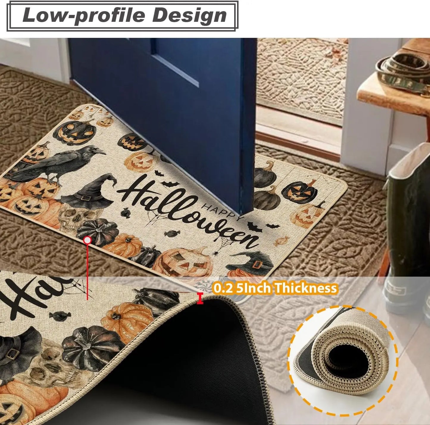 Happy Halloween Doormat Skull Pumpkins Non Slip Backing - Happy Home Retreat