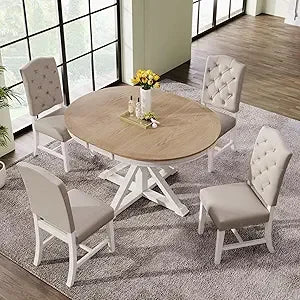 Extendable Dining Table Set for 4 with Upholstered Chairs Solid Wood Farmhouse Kitchen Furniture - Happy Home Retreat