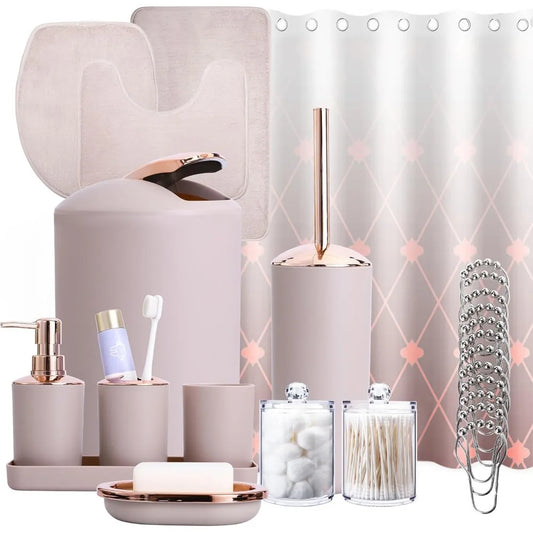 Beige Bathroom Set with Shower Curtain and Rugs 25 Pieces Complete - Trash Can, Soap Dispenser, Soap Dish, Toilet Brush, Toothbr - Happy Home Retreat