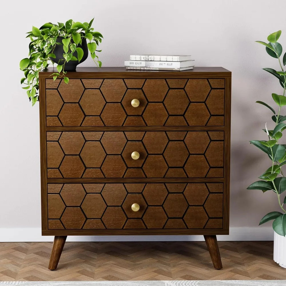 3 Drawer End Table Mid Century Chest of Drawers with Honeycomb Pattern Nightstand with Storage Drawers Wooden Dresser Nightstand - Happy Home Retreat