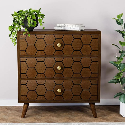 3 Drawer End Table Mid Century Chest of Drawers with Honeycomb Pattern Nightstand with Storage Drawers Wooden Dresser Nightstand - Happy Home Retreat