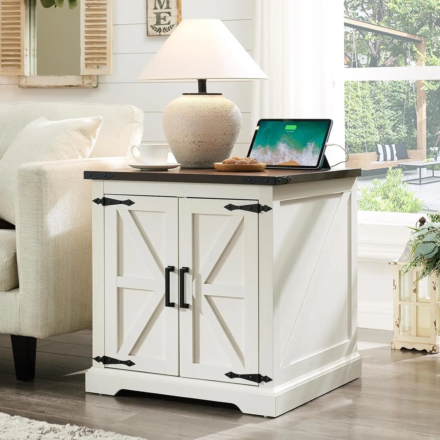 Farmhouse End Table With Charging Station Barn Door 24in - Happy Home Retreat