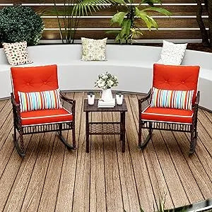 3 Piece Patio Furniture Set Outdoor Rocking Chairs Set of 2 Patio Conversation Set with Rattan Coffee Table - Happy Home Retreat