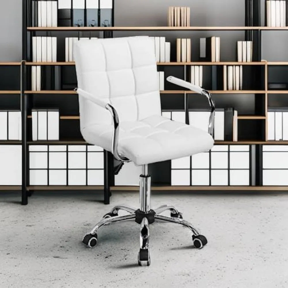 White Desk Chair with Wheels and Armrests Modern PU Leather Midback Adjustable Office Chair - Happy Home Retreat