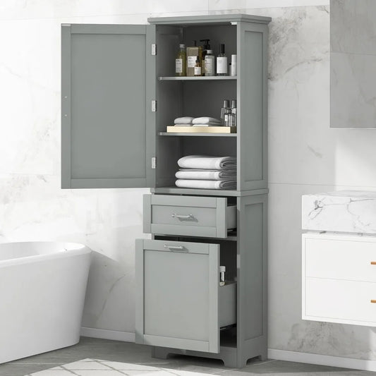 Tall Bathroom Storage Cabinet, Freestanding Storage Cabinet with 1 Door, 2 Different Size Drawers for Bathroom Living Room (Grey - Happy Home Retreat