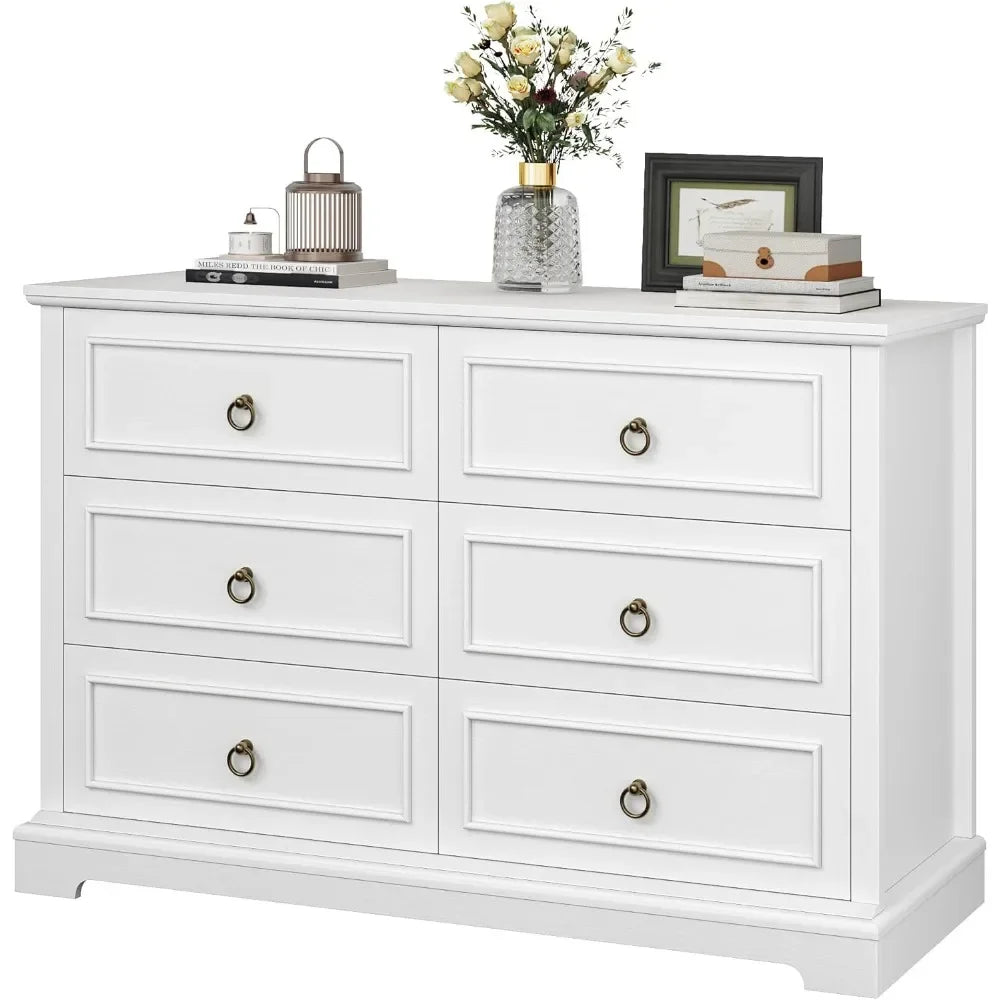 White 6 Drawer Dresser Modern Farmhouse Storage Chest Bedroom Furniture - Happy Home Retreat