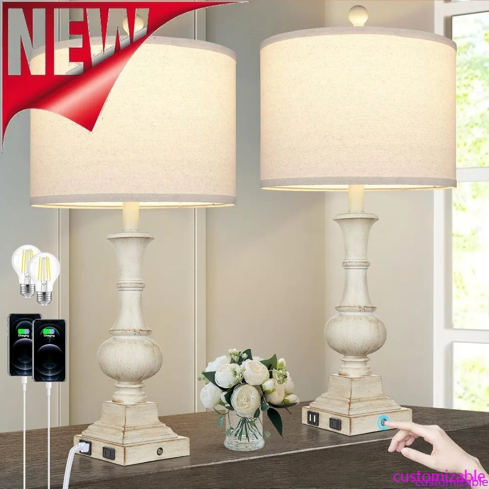 Customizable Farmhouse Table Lamps Set Of 2 Touch Control USB Ports AC Outlet - Happy Home Retreat