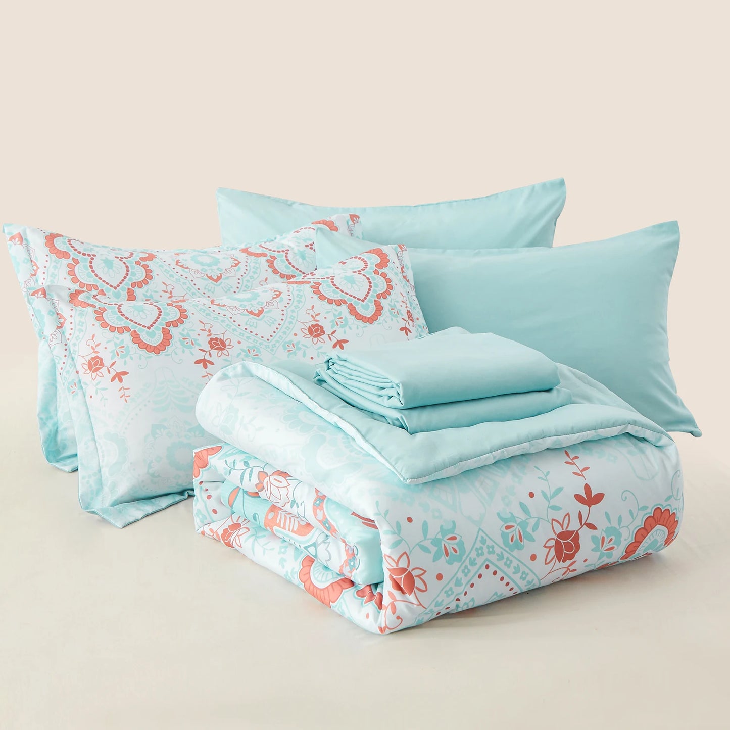 7-Pcs Bohemian print Comforter sets, soft comfort, Bedding Sets, room decor, all-season, Queen/King - Happy Home Retreat