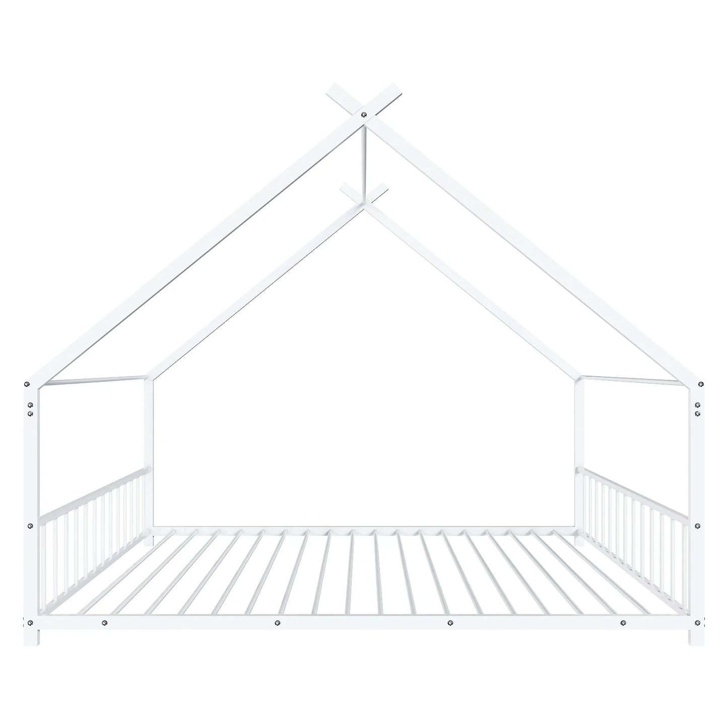 White Flat Bed House Shape Twin Children's Iron Bed With Side Guardrails - Happy Home Retreat