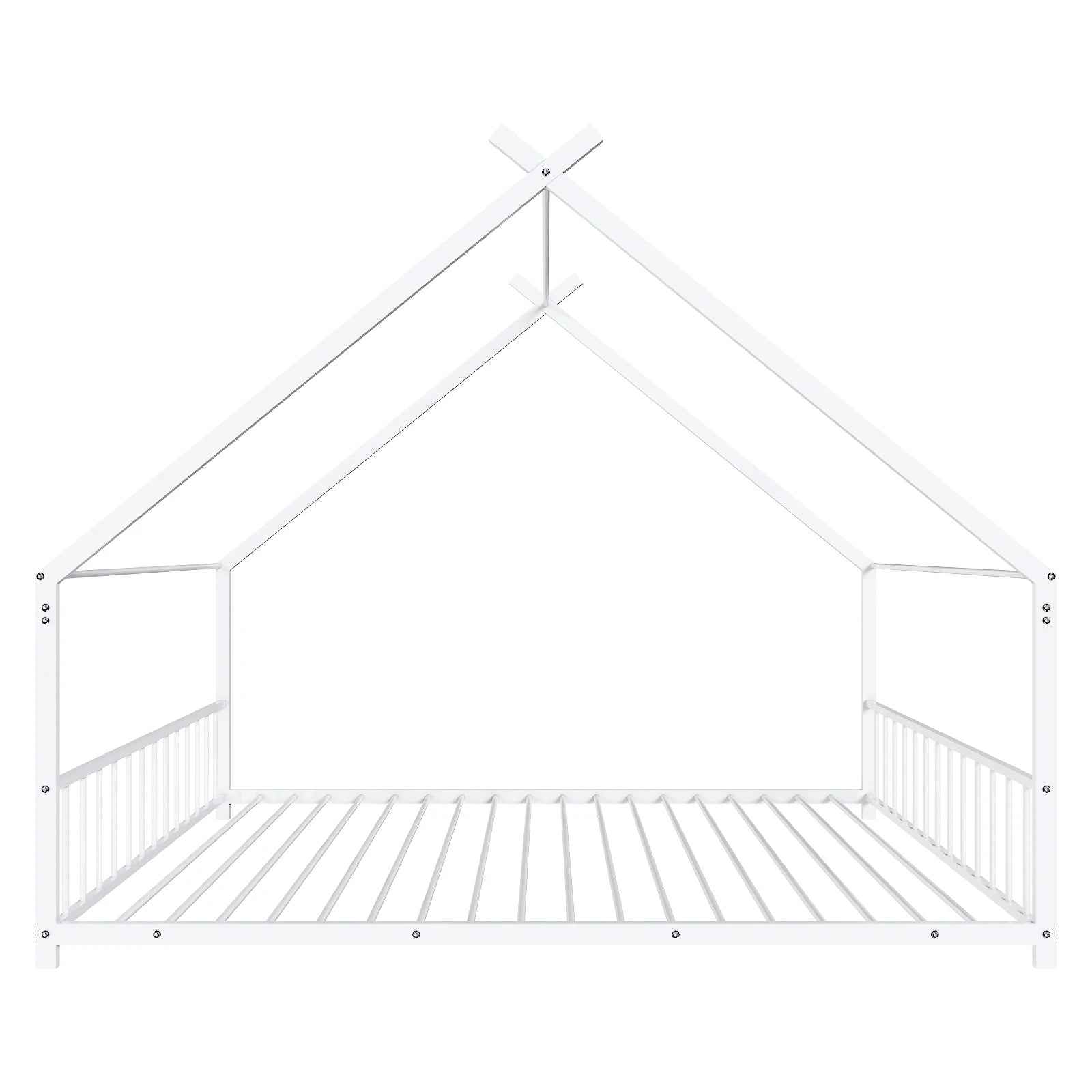 White Flat Bed House Shape Twin Children's Iron Bed With Side Guardrails - Happy Home Retreat