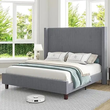 Howe Queen Size 61 Inch Corduroy Upholstered Bed Frame Platform Bed with Vertical Stripe Wingback Headboard No Box Spring Needed - Happy Home Retreat