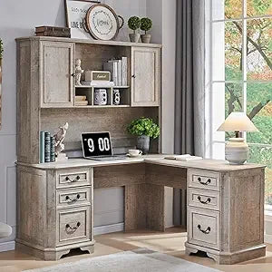59 Inch L Shaped Executive Desk with Hutch Farmhouse Wood Computer Desk Featuring Charging Station File Drawer Storage Cabinet - Happy Home Retreat