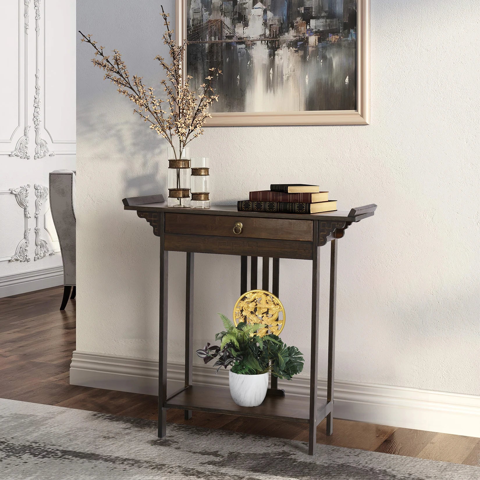 Rustic Brown Bamboo Console Table With Drawer And Shelf For Entryway Hallway - Happy Home Retreat