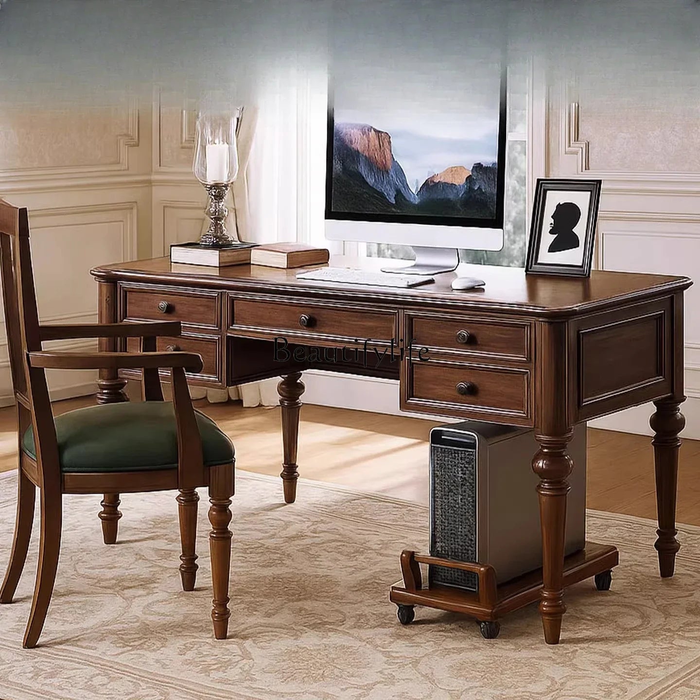 Solid Wood Desk American Retro Walnut Color Computer Desk For Home Office - Happy Home Retreat