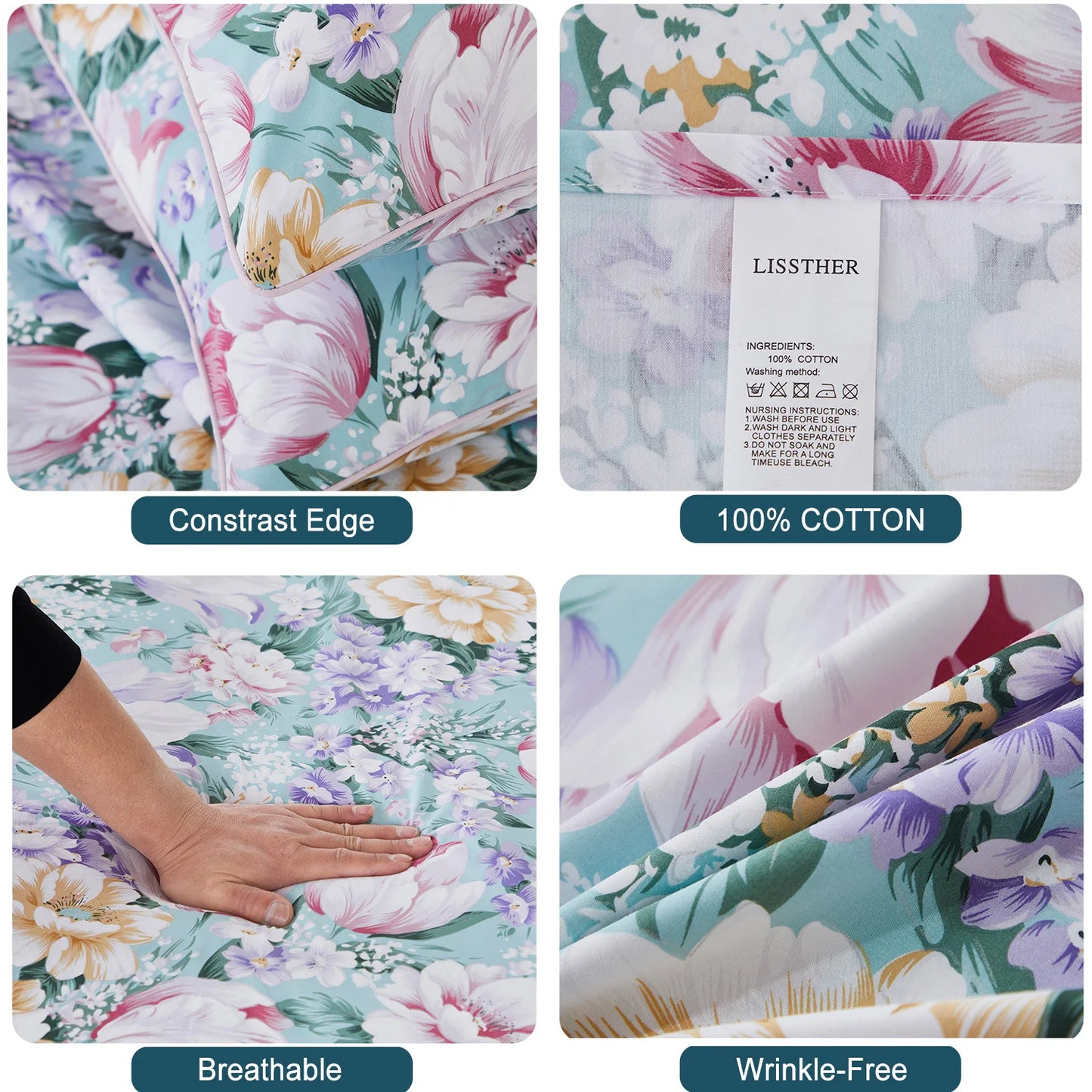 3pcs 600TC 100% Egyptian Cotton Duvet Cover Set, Pastel Pink Blue Garden Floral, Soft Skin-Friendly (No Inserts) - Happy Home Retreat